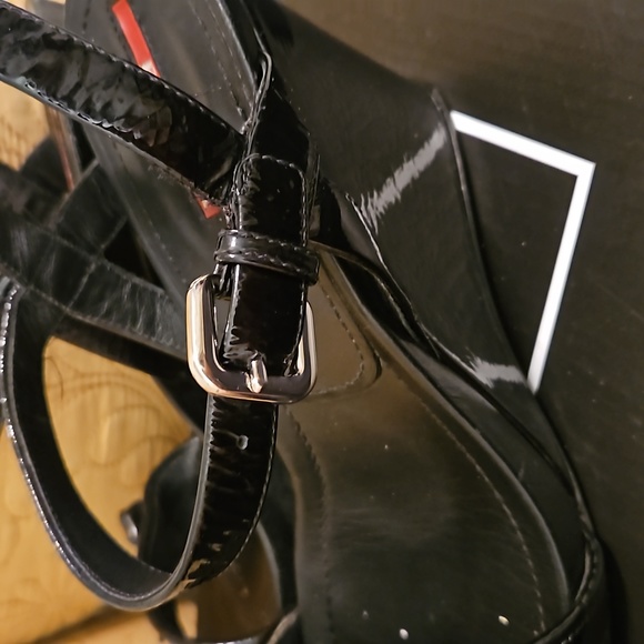 Prada Patten Leather Slingback Wedge Sandals - Picture 9 of 12